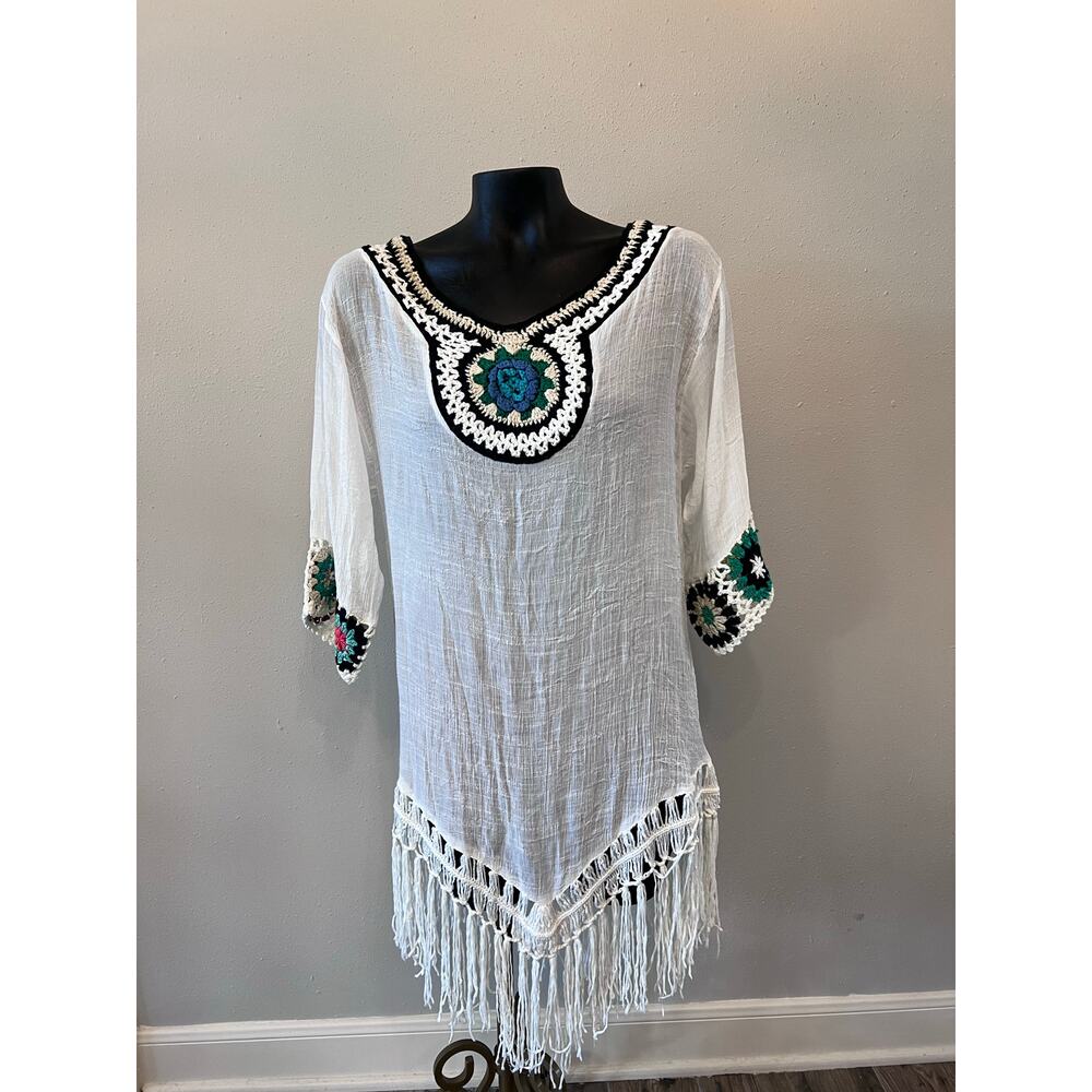 White‎ Sheer Beach Cover Up Tunic Mini Dress Boho Crochet Fringe Sz S/M Vacation